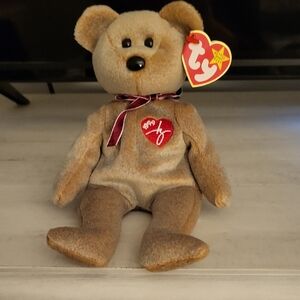 Ty Beanie Baby "1999 Signature" Tan and Brown Plush Bear with Heart Patch